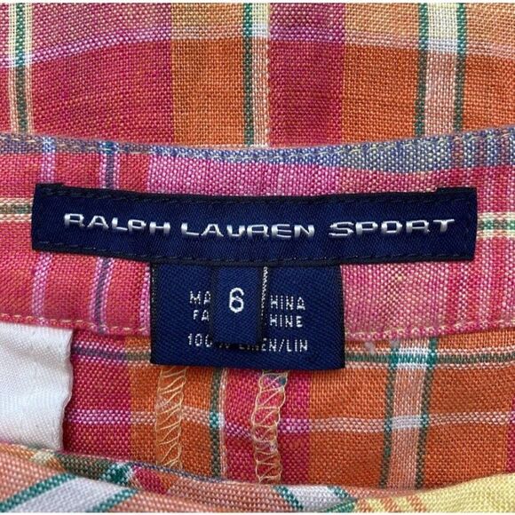 Ralph‎ Lauren Sport Pink Yellow Madras Plaid Linen Pencil Skirt Sz 6 Preppy - Picture 4 of 9
